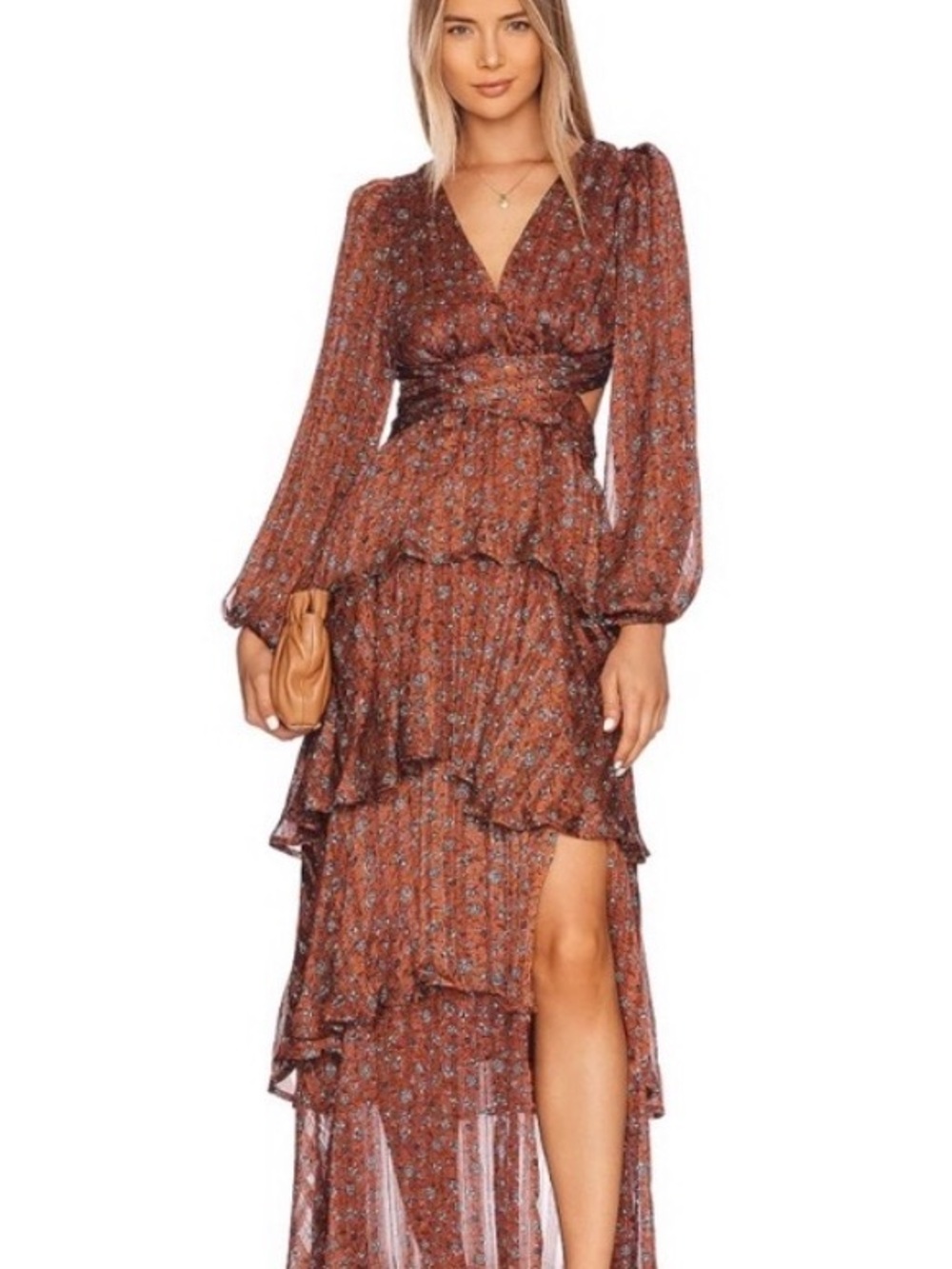 ASTR the Label Anora Floral Copper Tiered Maxi Dress Long Sleeves Size Medium